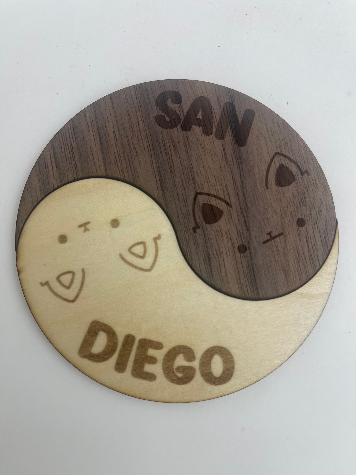 Yin Yang Cute Cat San Diego Wooden Laser Engraved Coasters - Customizable